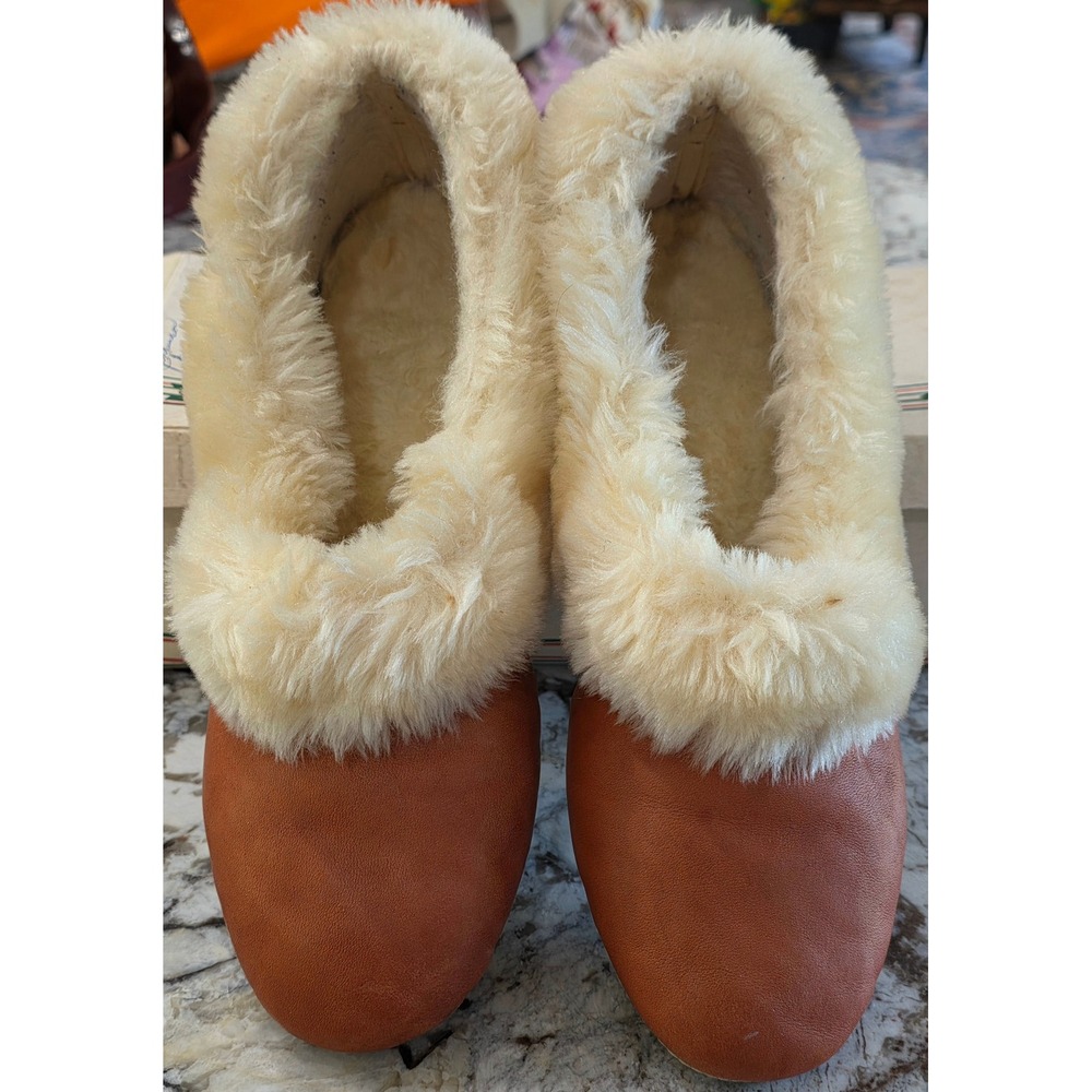 VTG RARE 60s Fluffy Sioux Mox Cabin 11 Fawn Leather Faux Fur Lined Slippers